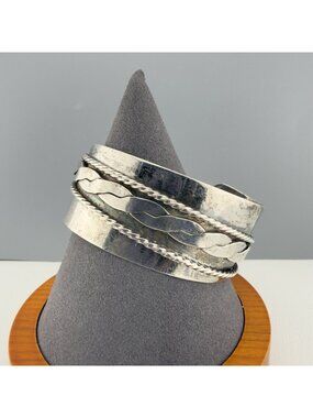 Silver Tone Cuff Bracelet Wide Braided Chain Open End 6.5 Adjustable